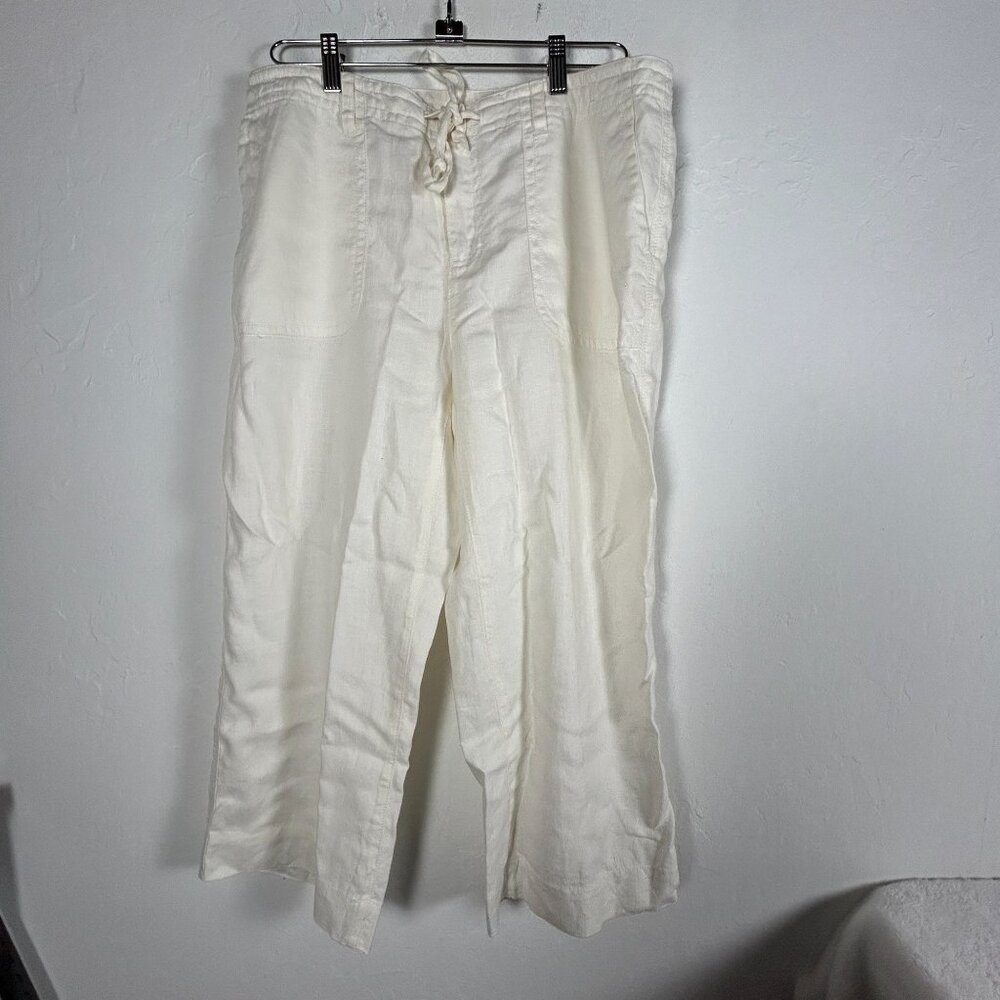 Liz Claiborne Lizwear Womens Linen Wide-Leg Cropped Drawstring Pants 12 White